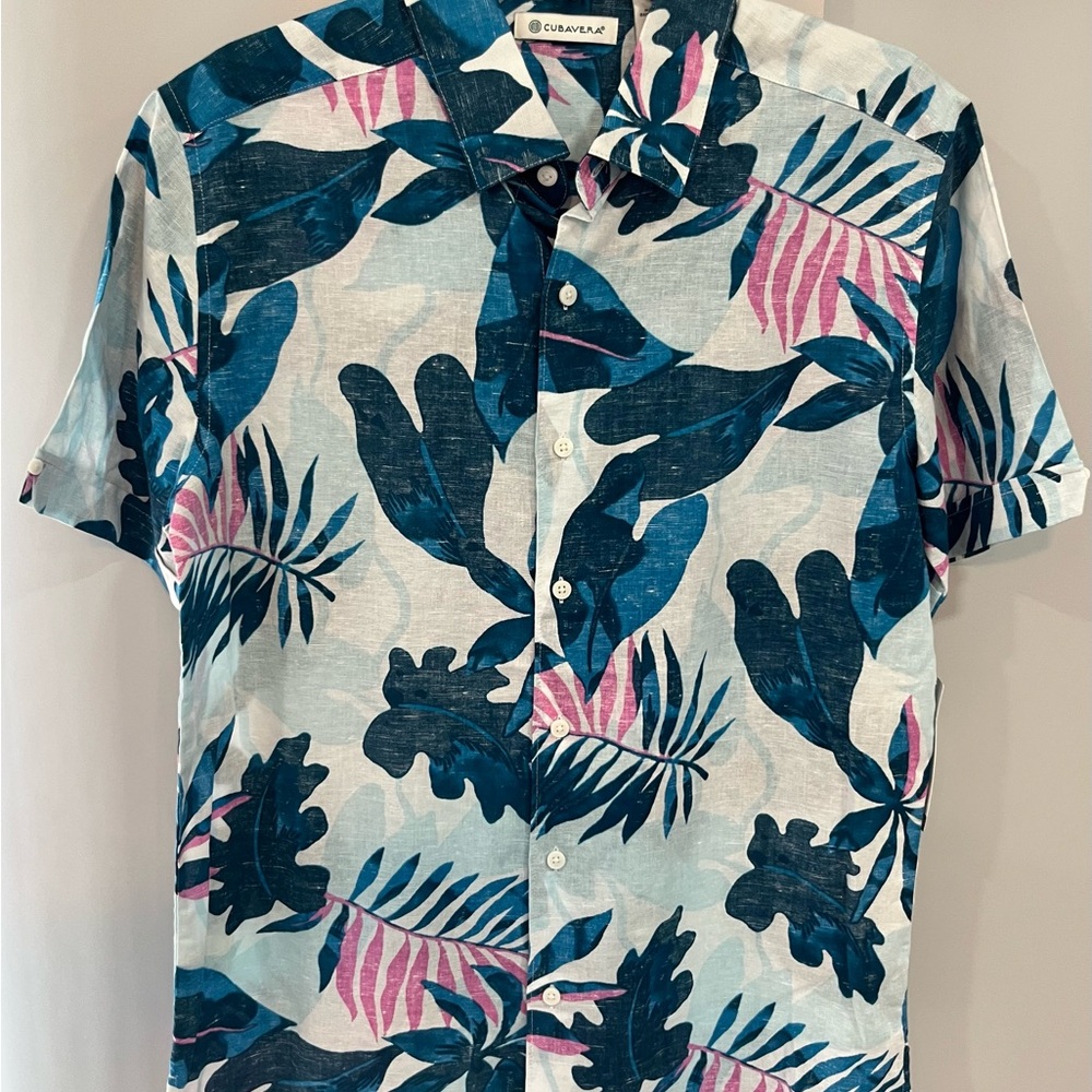 Cubavera Tropical Blue and Pink Leaf Shirt